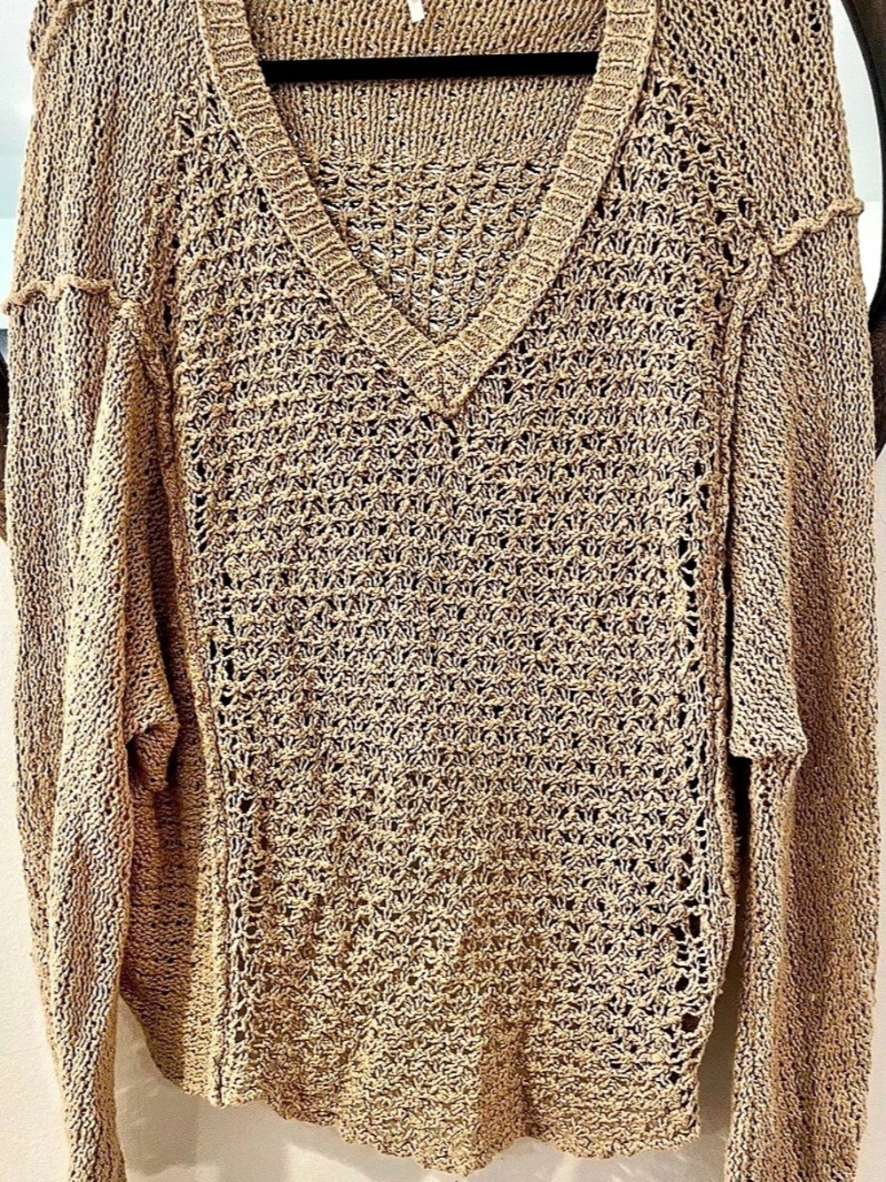 Free People Open Knit V-Neck Sweater in Brown